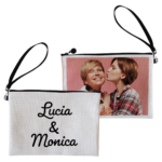 pochette personalizzata effetto juta con zip e laccetto da polso